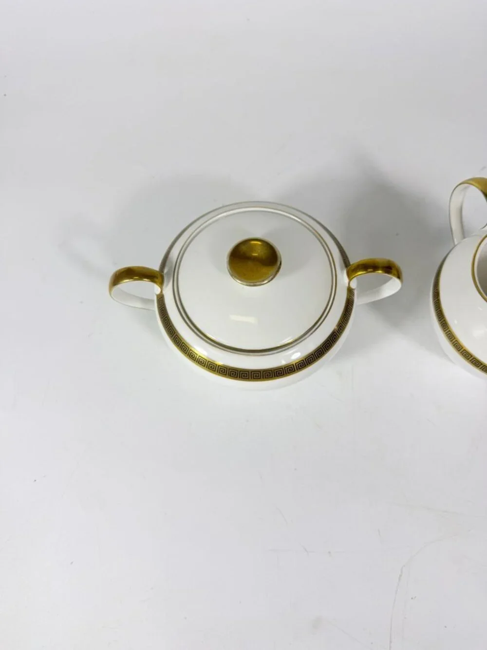 Cream and Sugar Bowl Set Key Largo by Meito Black Greek Key On Gold Band Royal M